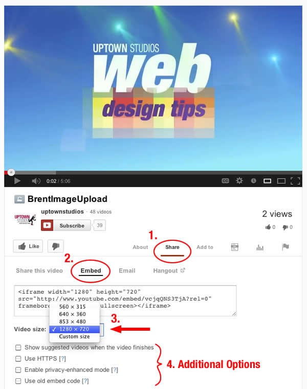 A computer screenshot of how to embed a video using YouTube