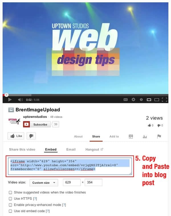 A computer screenshot of how to embed a video using YouTube