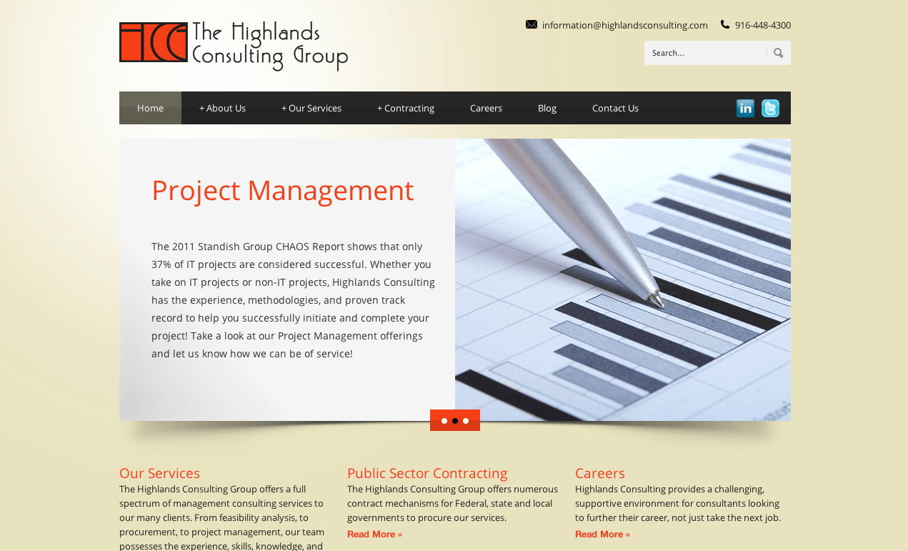 The Highlands Consulting Group Screenshot Of Their Website's Homepage With Project Management And Bronze Background
