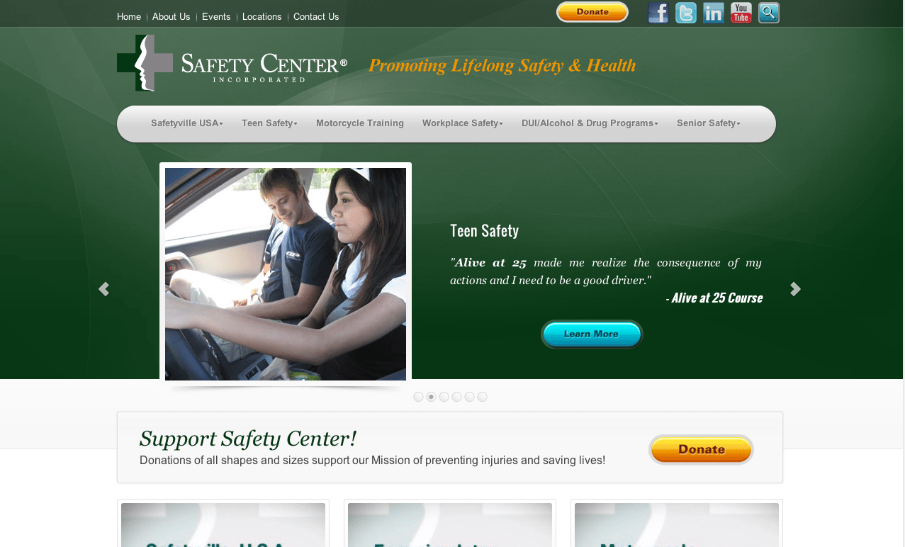 Safety Center Incorporated Screenshot Of Their Website's Homepage With A Teenager Driving A Car Showing Teen Safety With Green Background