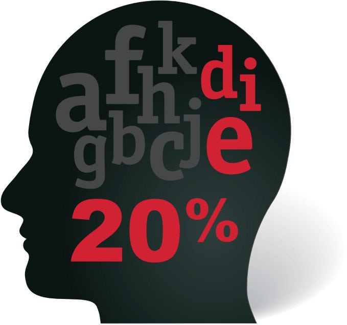 silhouette of a head with gray and red text inside 
