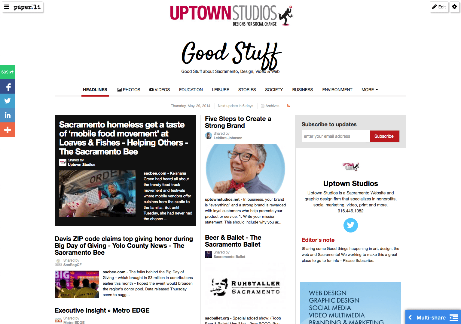 Uptown Studios Paper.li Page With White Background And Newspaper Articles Displayed On Front