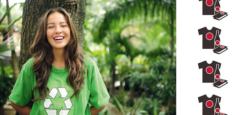 Woman Smiling Wearing Green Recycled Tshirt With Recycled Shirt Icon On Right Side