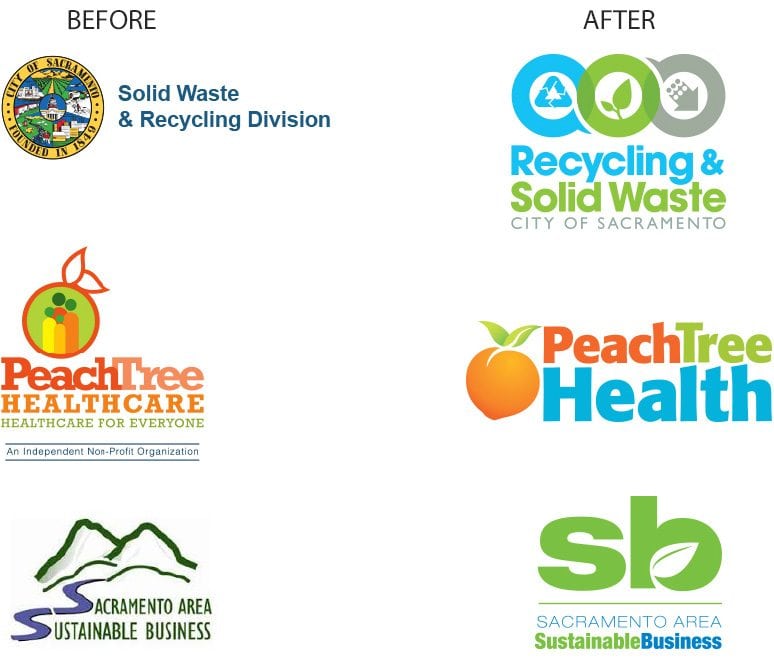 A side by side before and after comparison of logos that have undergone a redesign