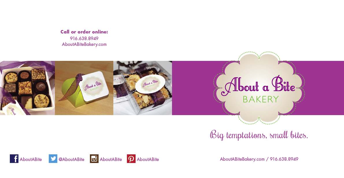 About A Bite Bakery Call Or Order Online Branded With Purple Background And Chocolates To The Left Side