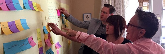 an image of Tina Reynolds, Anton Weaver, and another past employee putting post-it notes on the wall during a human-centered design thinking session