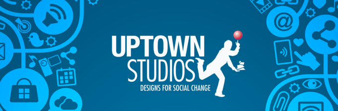 A blue image with graphic of icons on either side and the Uptown Studios logo in the middle
