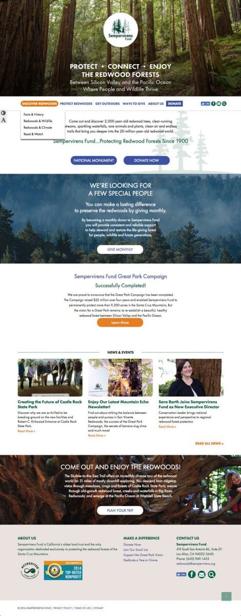 A screenshot of the Sempervirens Fund home page