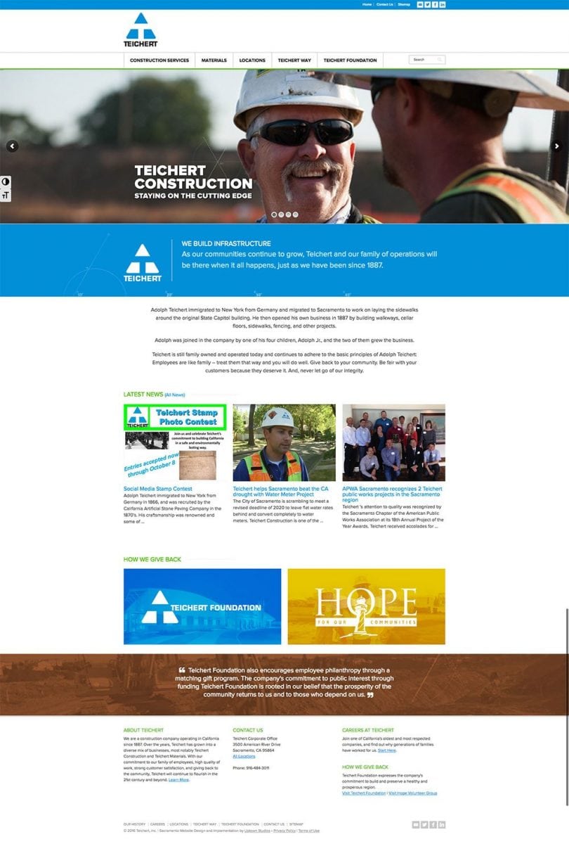 A screenshot of the home page of the Teichert Construction website we built