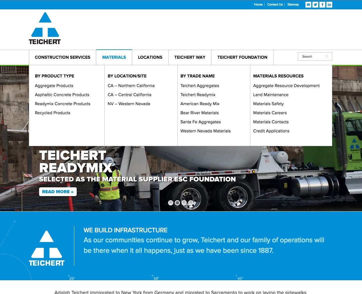 A screenshot of the mega menu on the Teichert Construction website we built