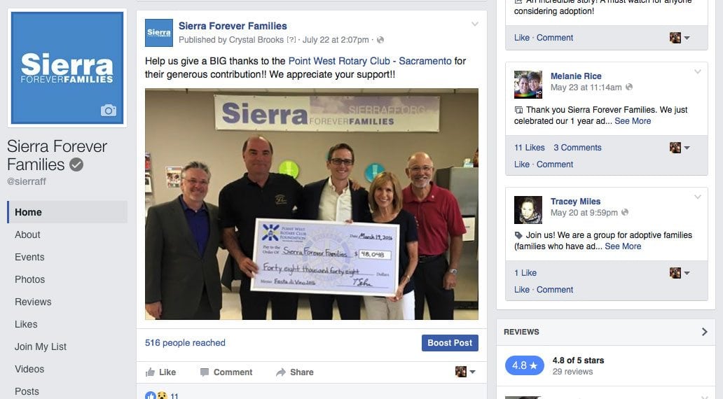 A screenshot of the Sierra Forever Families Facebook page