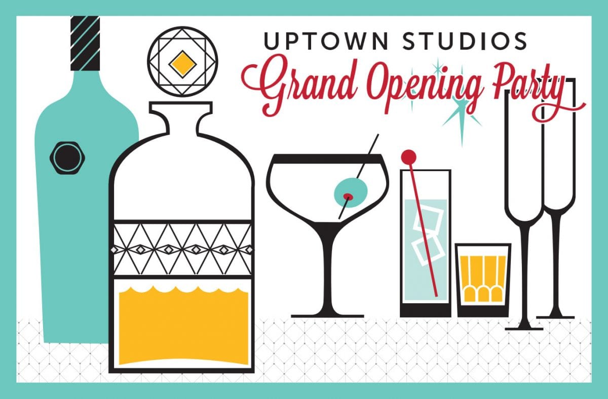 a graphic of some old timey looking bottles and text that says Uptown Studios Grand Opening Party