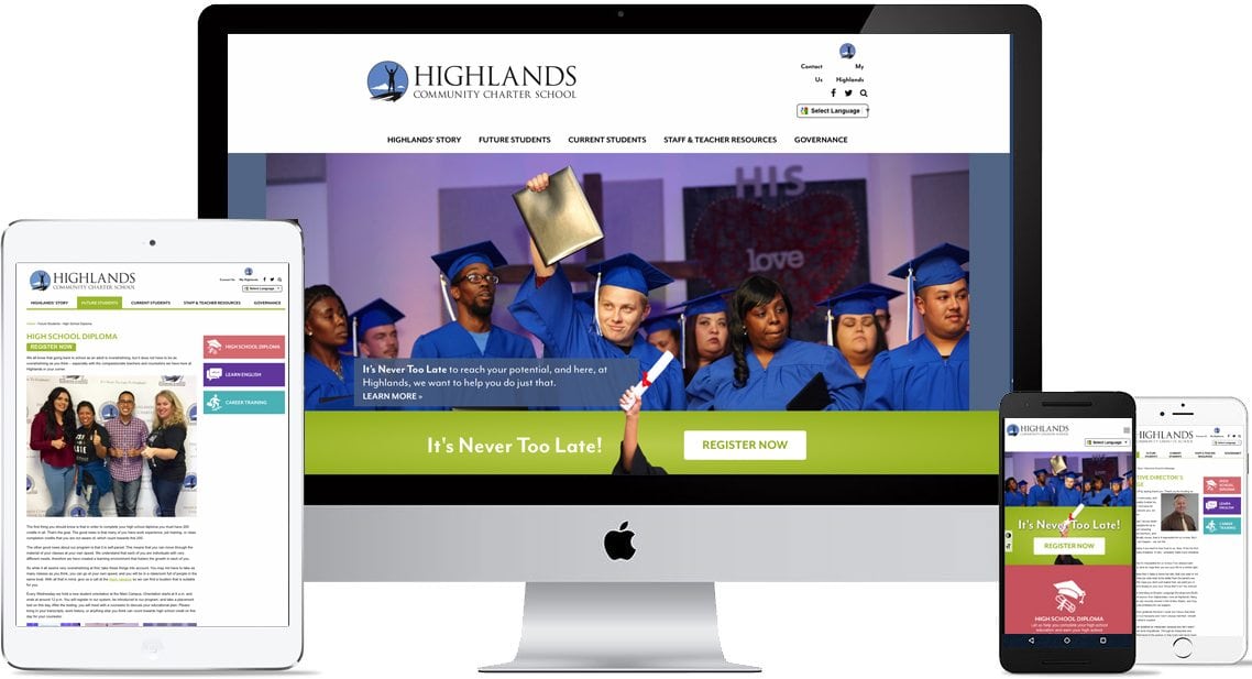 Highlands Charter School website design for mobile and desktop