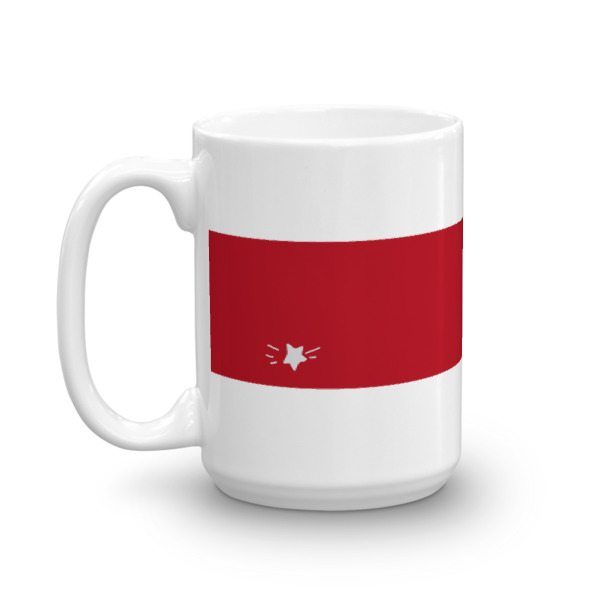 white coffee mug with red stripe and small star