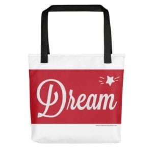 red and white dream bag with black straps