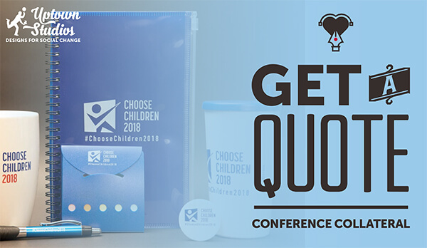 Conference Collateral Get A Quote Black Text On Top Of Light Blue Background And Conference Gifts
