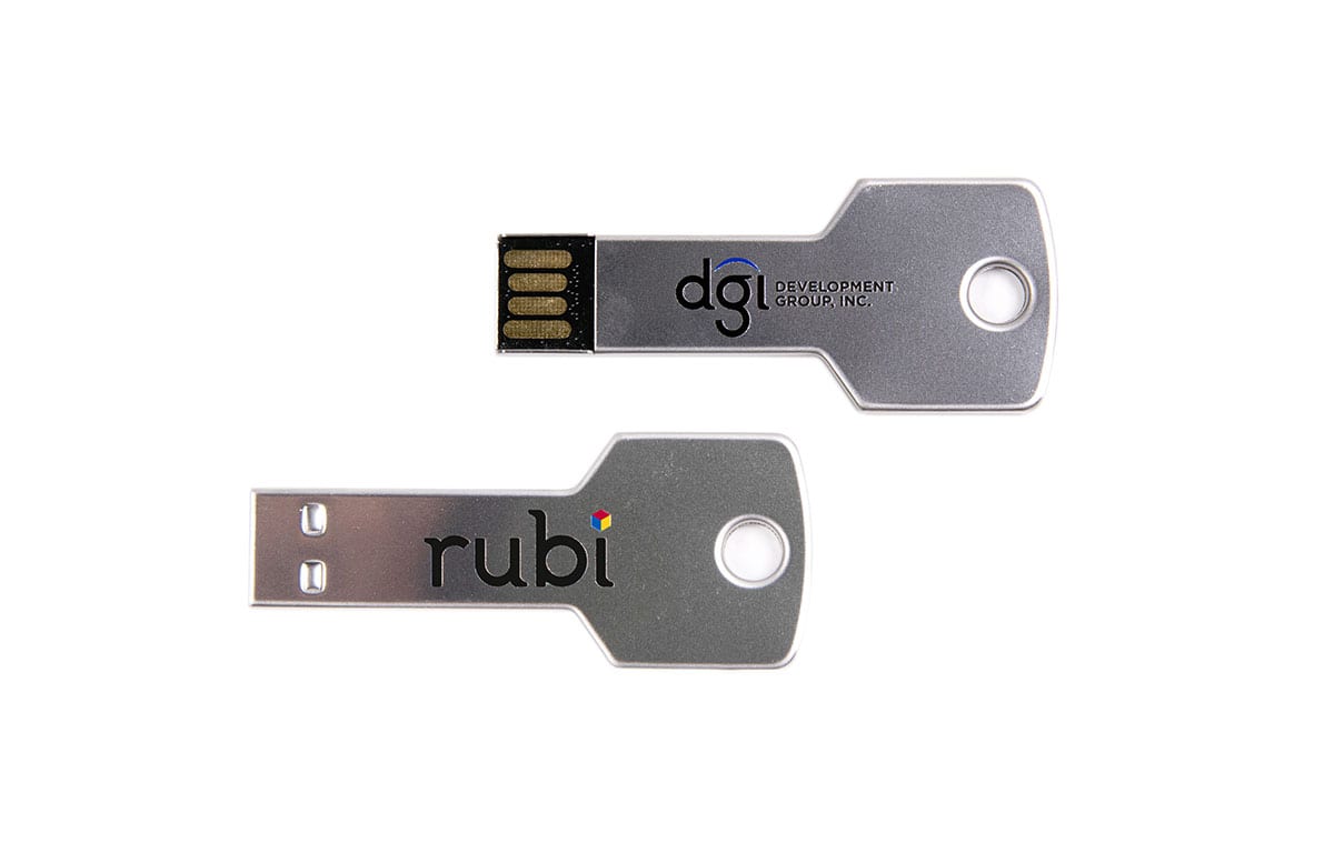 Bright Silver USB Key With DGI And Rubi Design Branding Logo's On Them