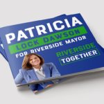 Dark Blue And Green Closed Political Brochure Of Patricia Lock Dawson Running For Riverside Mayor