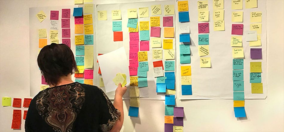 Person Adding Post-It Notes To Wall Wit Human-Centered Design Marketing Strategy
