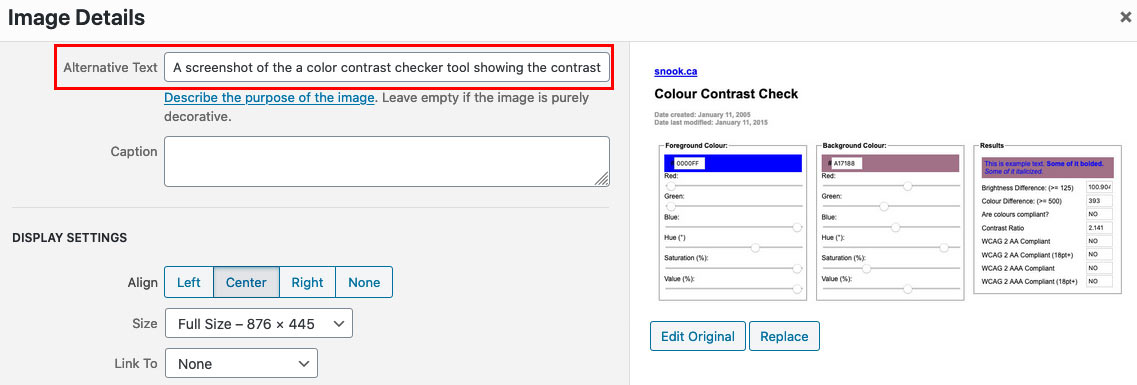 a screenshot showing where to add the ALT tag when adding an image through the WordPress contrl panel