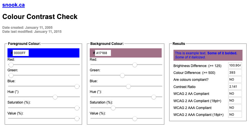 A screenshot of the a color contrast checker tool showing the contrast ratio between blue and mauve