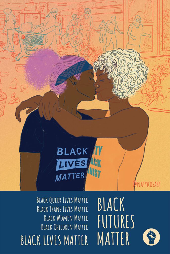 Two Black Women Kissing With Black Futures Matter Below It On An Orange Background