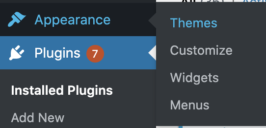 WordPress Dashboard Showing Themes Highlighted In Blue