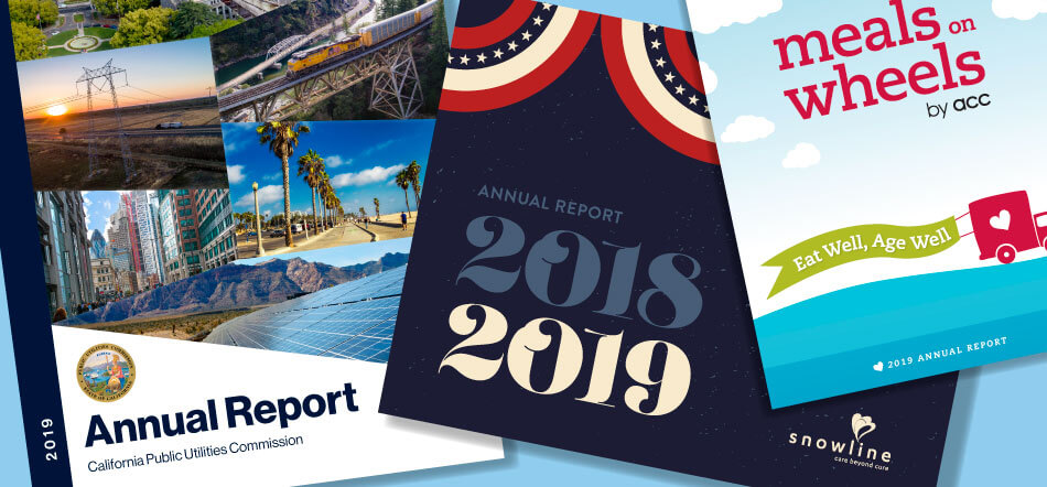 Great Graphic Design Annual Reports For 2018 And 2019 With Three Annual Reports Scattered On Top Of Gray Background