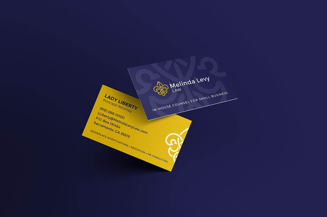 Melinda Levy Logo Blue And Gold Business Cards With Dark Blue Bakcground