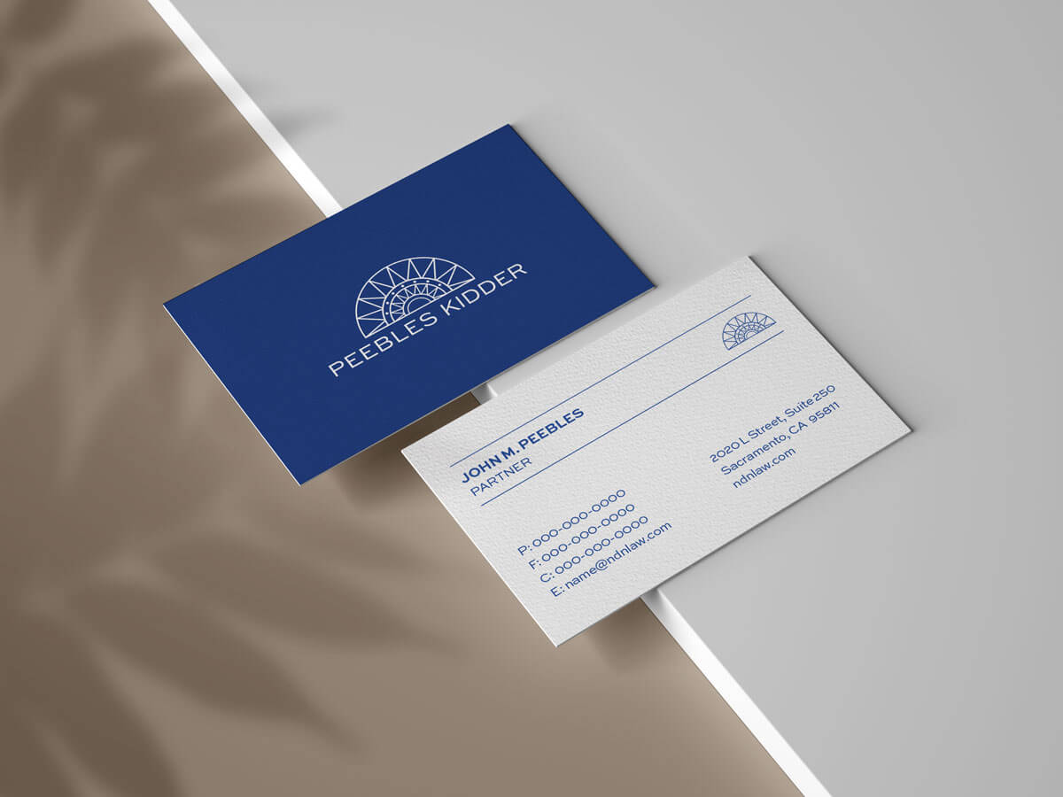 Peebles Kidder Blue And White Business Card Portfolio Piece With Grey Background