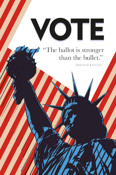 Vote The Ballot Is Stronger Than The Bullet Vote Poster With The Statue Of Liberty In The Foreground And Red And White Stripes In The Background
