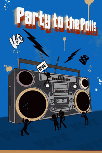 Party To The Polls Vote Poster With A Giant Boombox And Small Animated People Dancing Around It Holding A Vote Sign