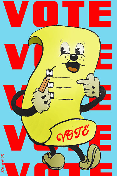 Smiling Yellow Vote Ballot Holding Pencil With Vote Vote Vote In Background