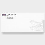 Teneral Cellars Business Card With Small Teneral Cellars Logo In Upper Left Hand Corner And Dragonfly Wing On Right With White Background