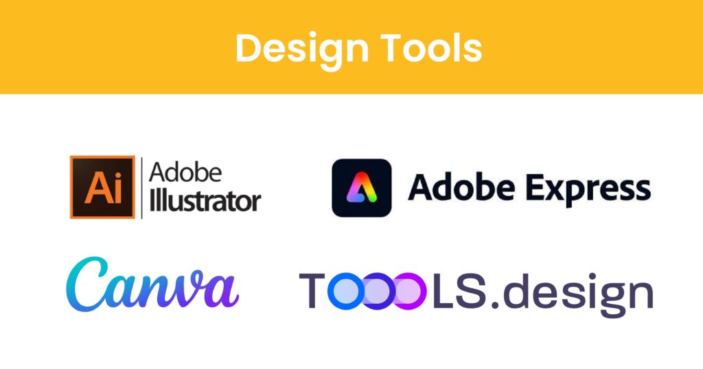 A graphic with four logos for Adobe Illustrator, Adobe Express, Canva, and Toools.design, titled 'Design Tools'