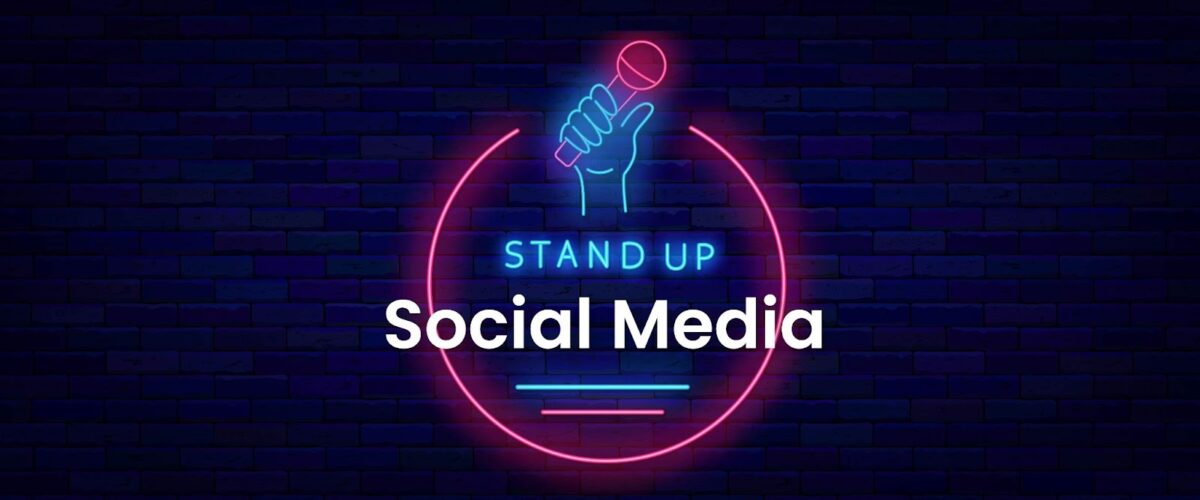 a banner with a microphone graphic that reads 'Stand Up Social Media'