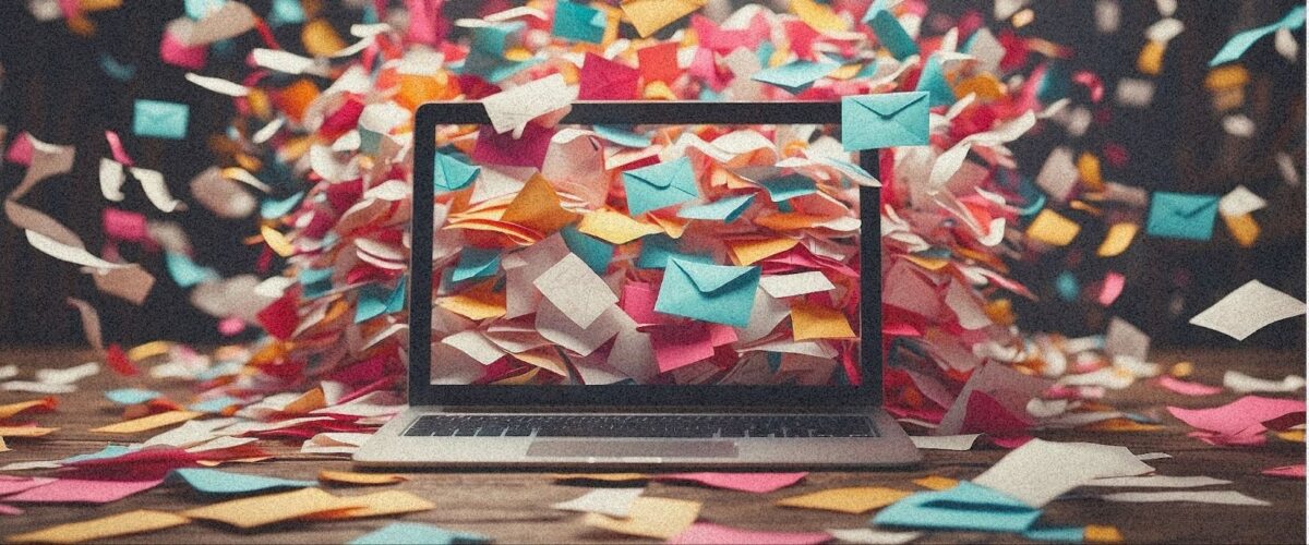 An image of a laptop surrounded by colorful mail