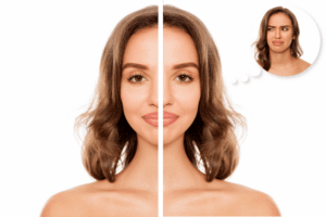 A woman with a symmetrical split down the middle of her face