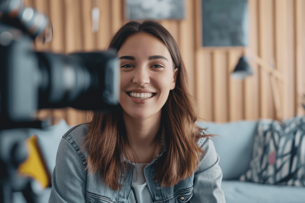 A woman sitting in front of a camera smiling