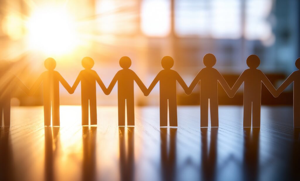 Paper people holding hands on table, office background with business team